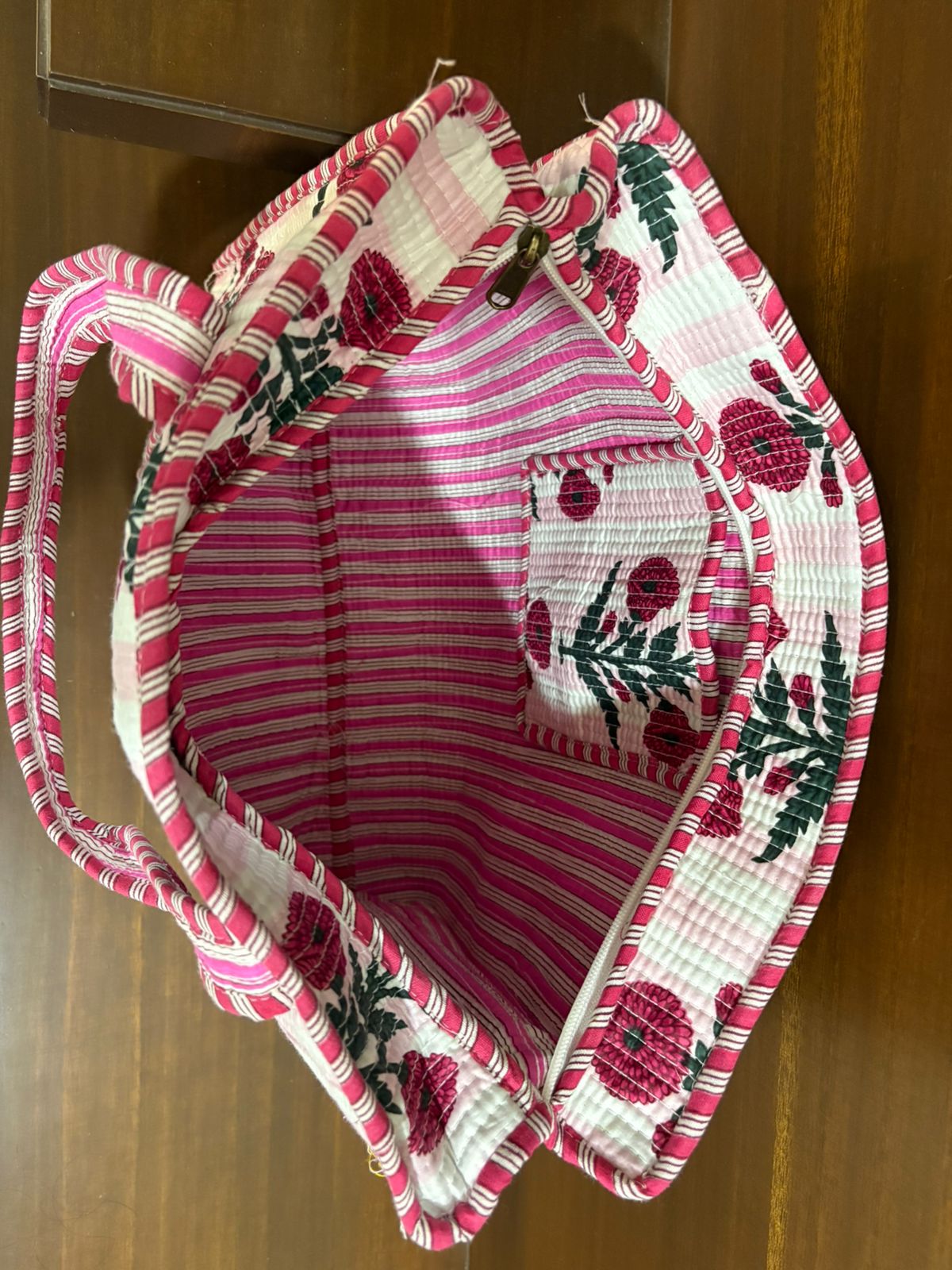 Rosy pink 16" Handmade Cotton Block printed zipper tote bag |Maysar jaipur - Image 3