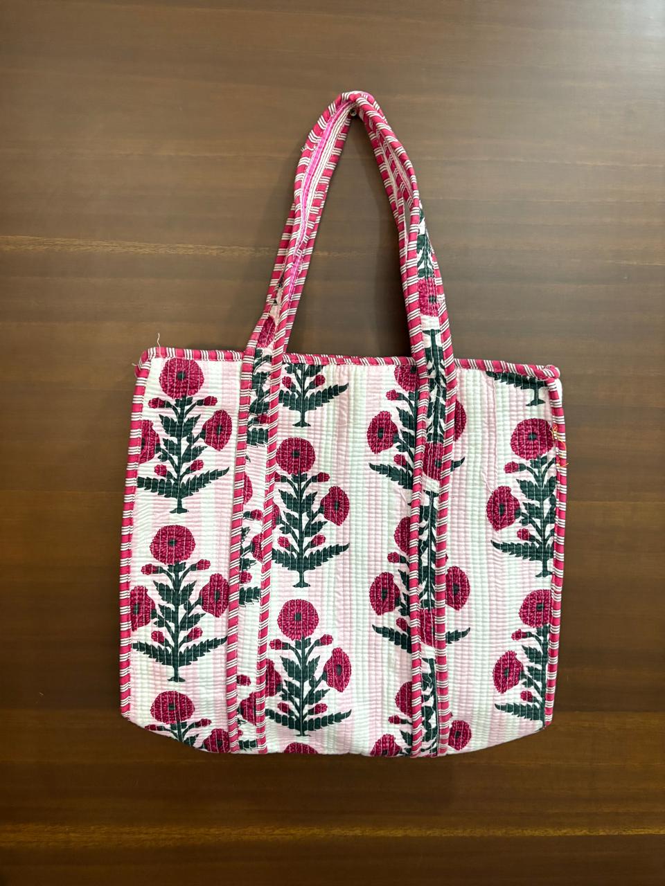 Rosy pink 16" Handmade Cotton Block printed zipper tote bag |Maysar jaipur - Image 2