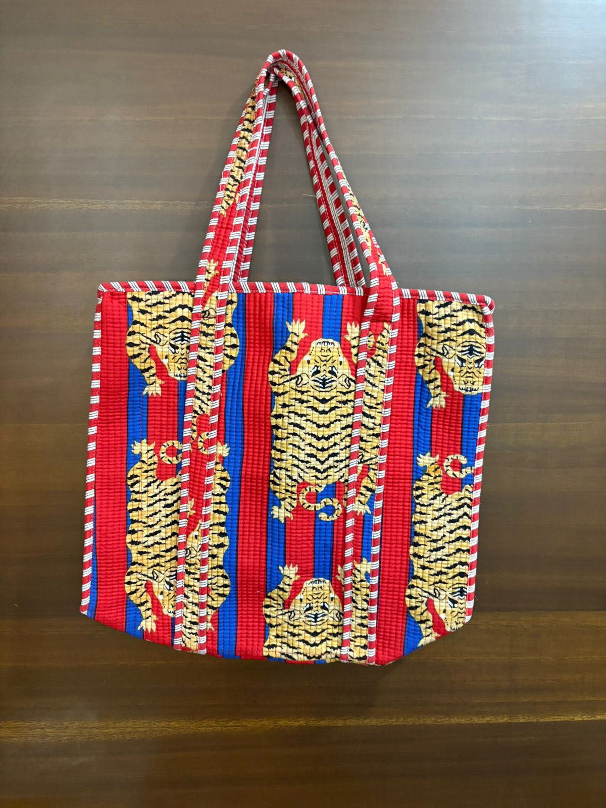 Tiger Cotton Bloc printed16" zipper tote bag |Maysar jaipur