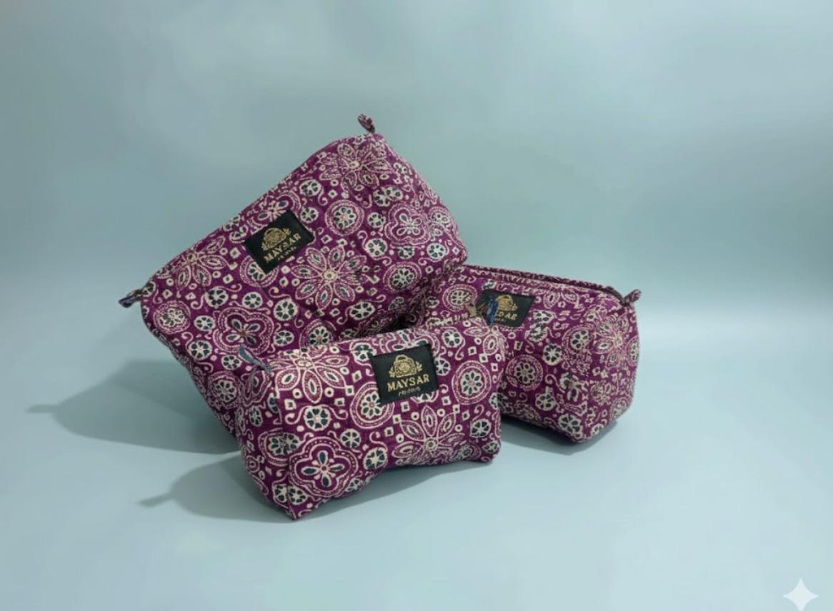Ajrak Handmade Cotton Block Print Travel Pouch Set – 3 Elegant & Ultimate Travel Essentials | Maysar Jaipur